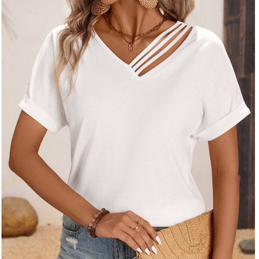 Solid Cotton Cut out Shoulder Cuff Sleeve Minimalist Top